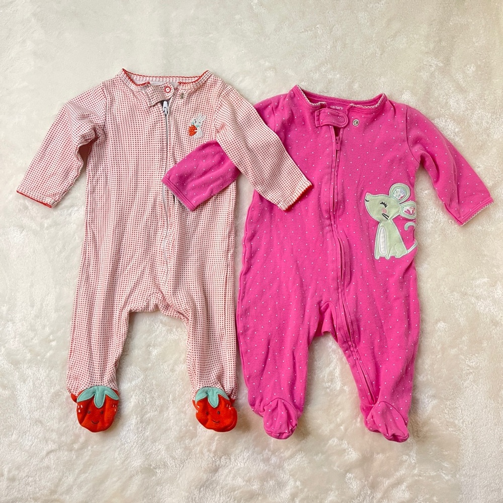 Carter's Pink Strawberry Bunny One Piece Footed Sleeper Pajama Bundle Size 6